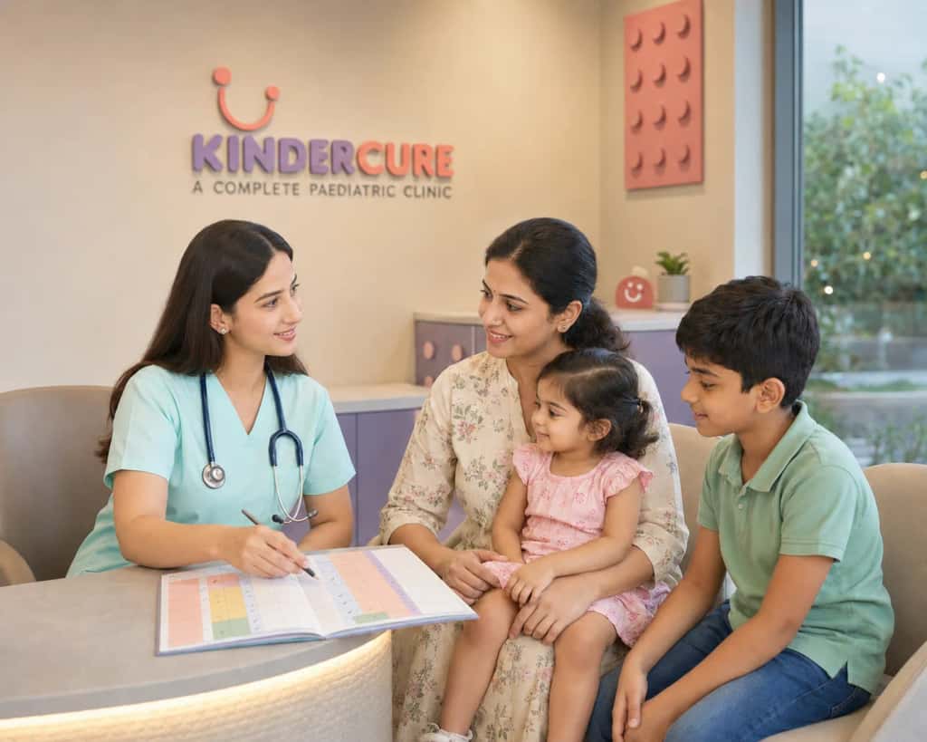 Pediatrician at the KinderCure clinic in Gurgaon going through a colour-coded vaccination schedule chart with a mother and her two children