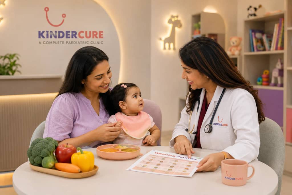 A paediatrician examining a baby during a feeding assessment while the mother sits alongside
