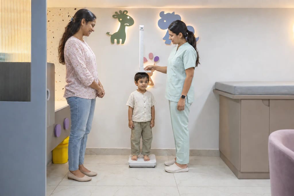 A young child having their height measured at a paediatric clinic while a parent watches