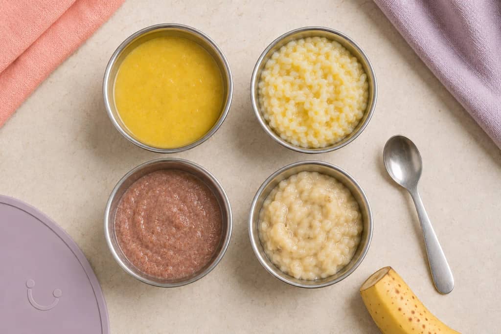Four steel katoris of home-prepared Indian first foods: moong dal, soft khichdi, ragi porridge and mashed banana