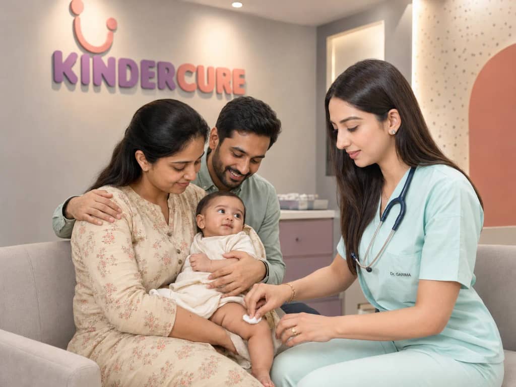 A KinderCure pediatrician vaccinating a newborn held by their mother, with the father alongside, at the clinic in Gurgaon