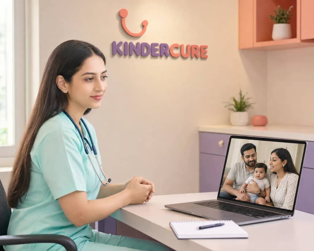 A KinderCure pediatrician at her clinic desk, speaking with a father, mother and baby who appear on her laptop screen during a video consultation