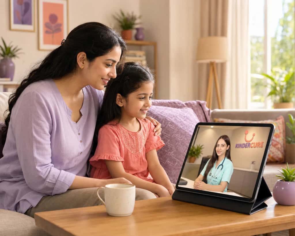 A mother and her young daughter sitting together on their sofa at home, talking to a KinderCure pediatrician on a video call on the tablet in front of them